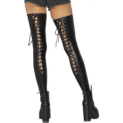 Dresuri Leg Avenue Wetlook Lace Up Thigh Highs Negru